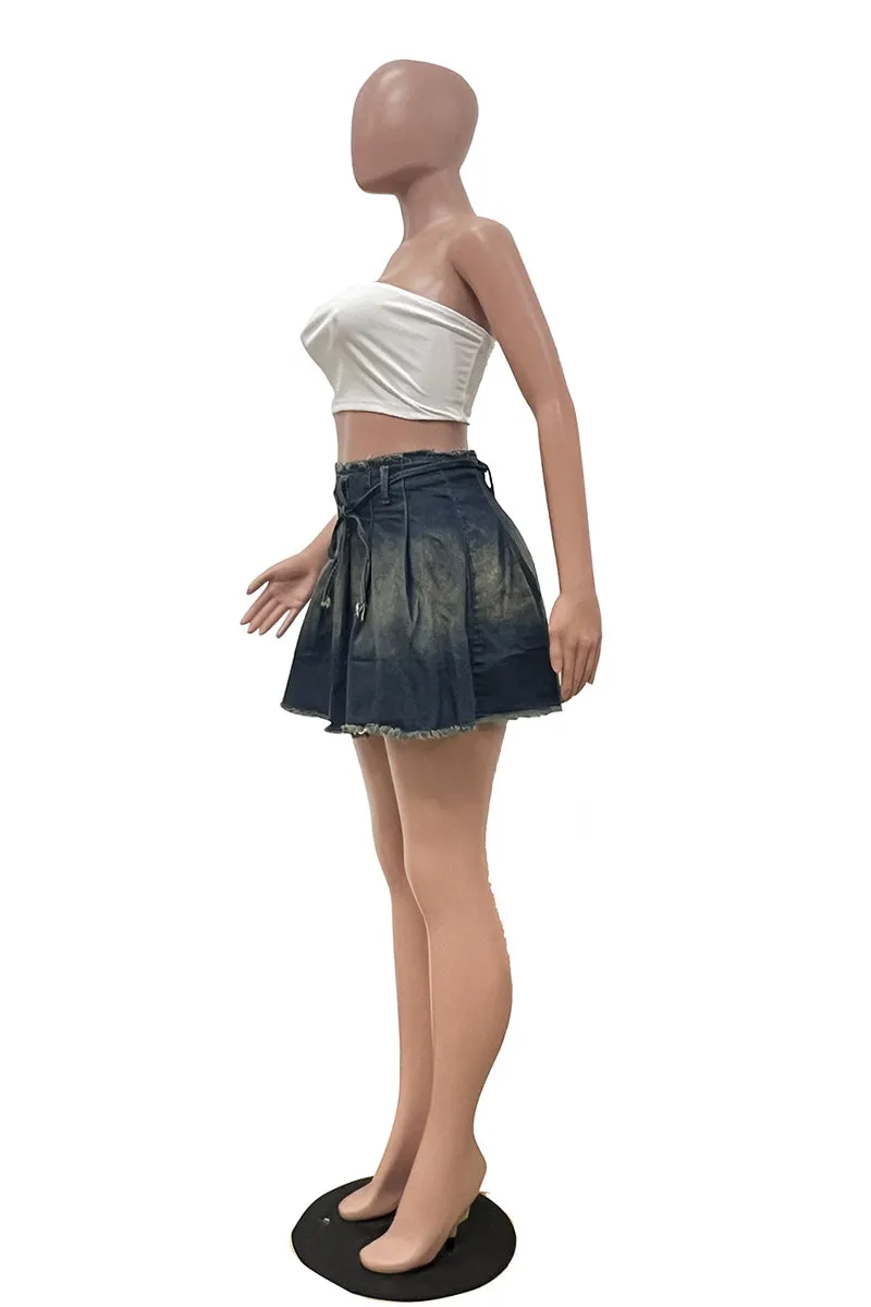 QT3008 Denim Pleats Mini Skirt Dress