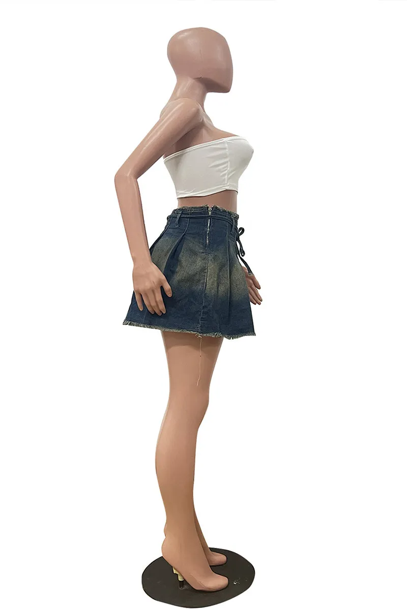 QT3008 Denim Pleats Mini Skirt Dress