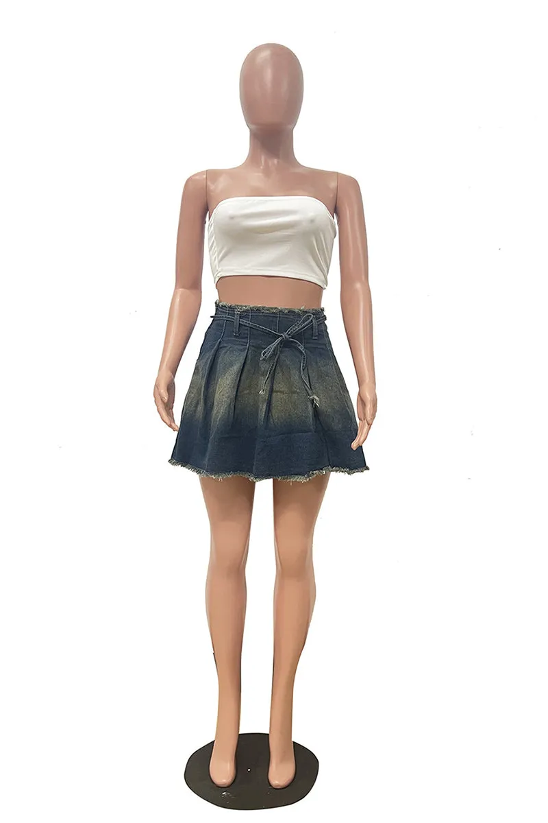 QT3008 Denim Pleats Mini Skirt Dress