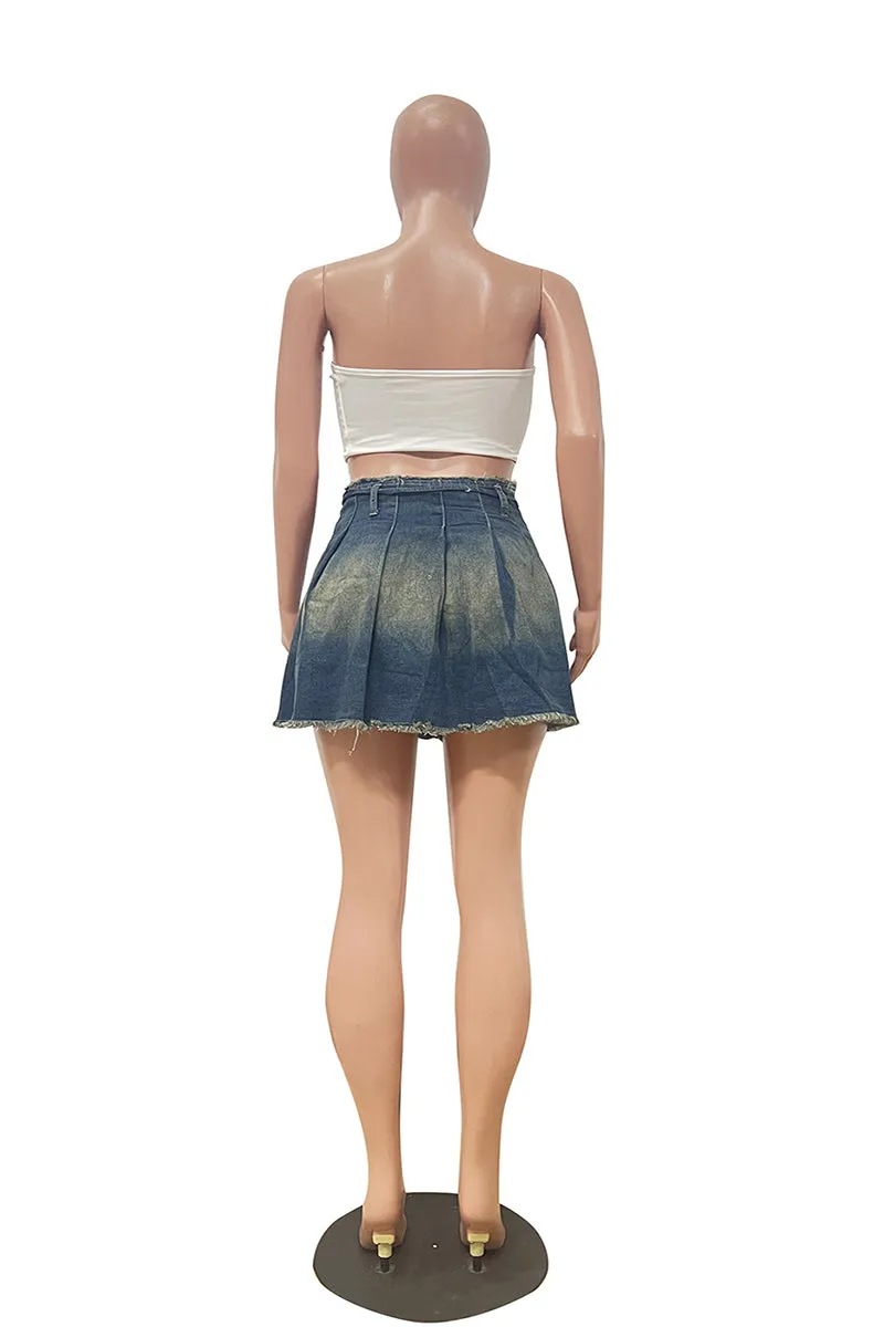 QT3008 Denim Pleats Mini Skirt Dress