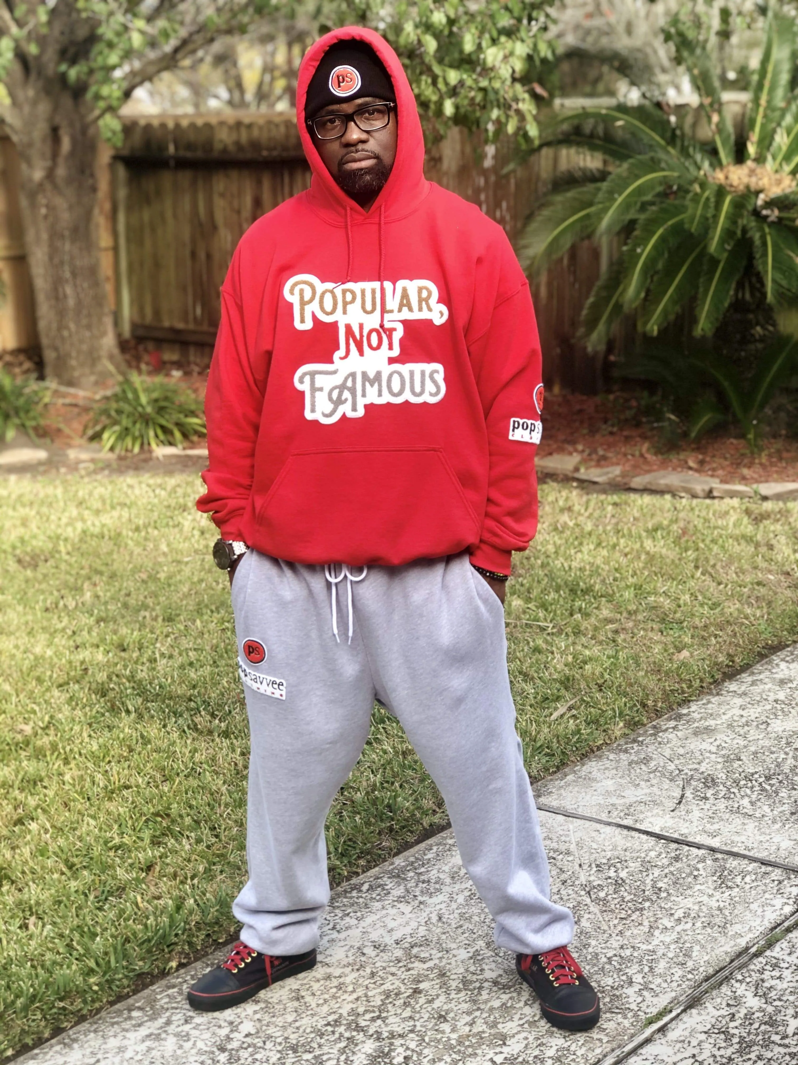 Red Pullover Style Hoodie w/ Chenille Embroidered “Popular Not Famous” Logo