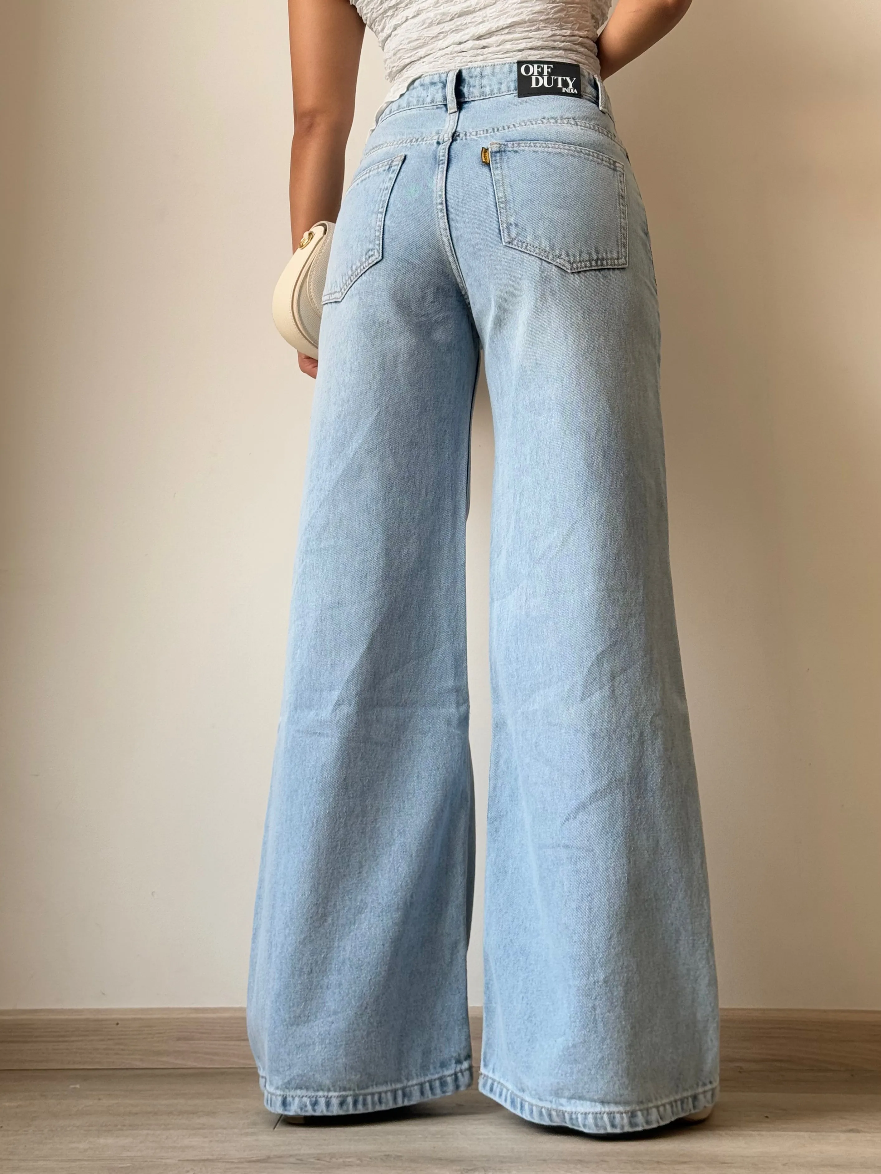 Rugged Blue Stone Wash Wide Leg Jeans