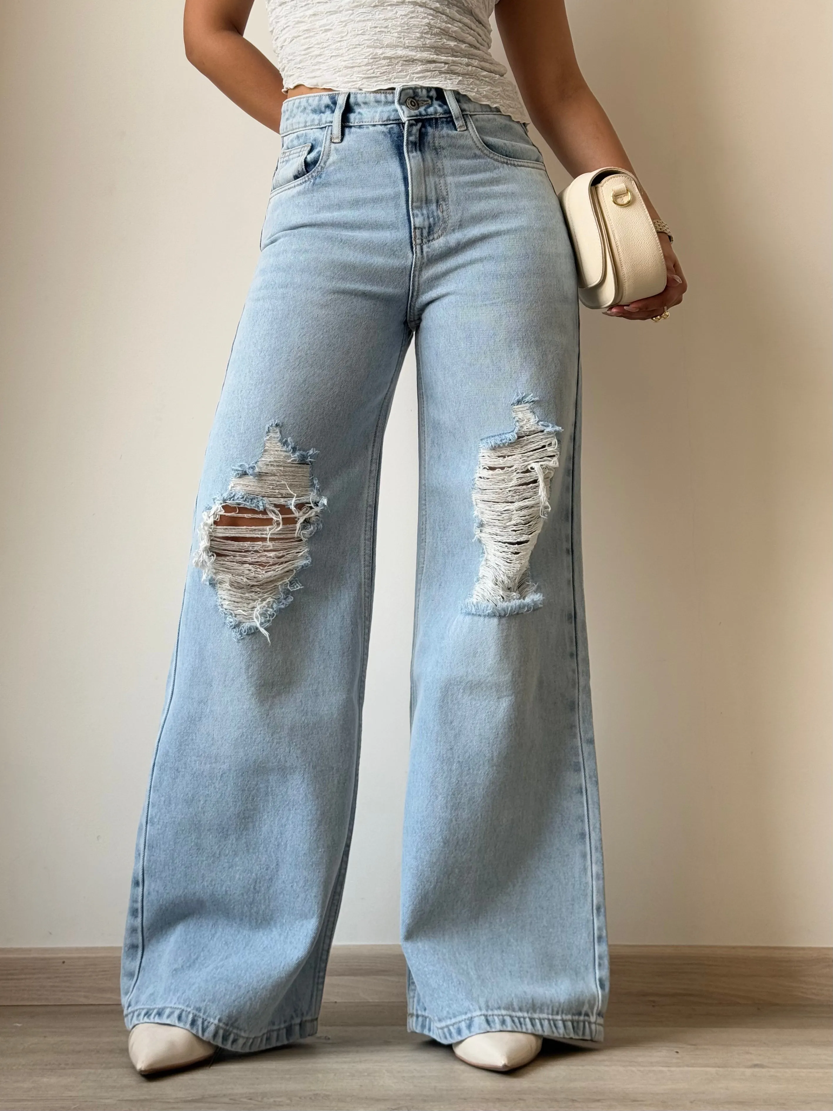 Rugged Blue Stone Wash Wide Leg Jeans