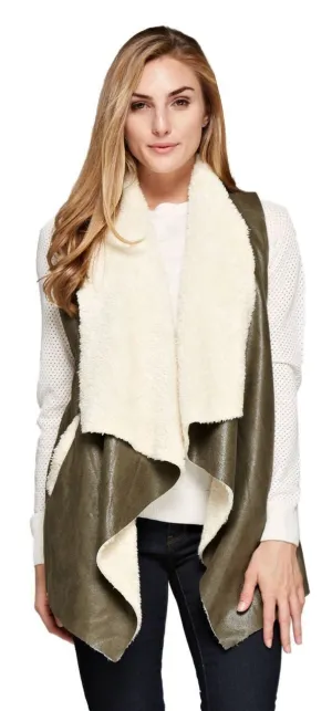 Shearling Faux Fur Vest with Suede and Pockets Olive