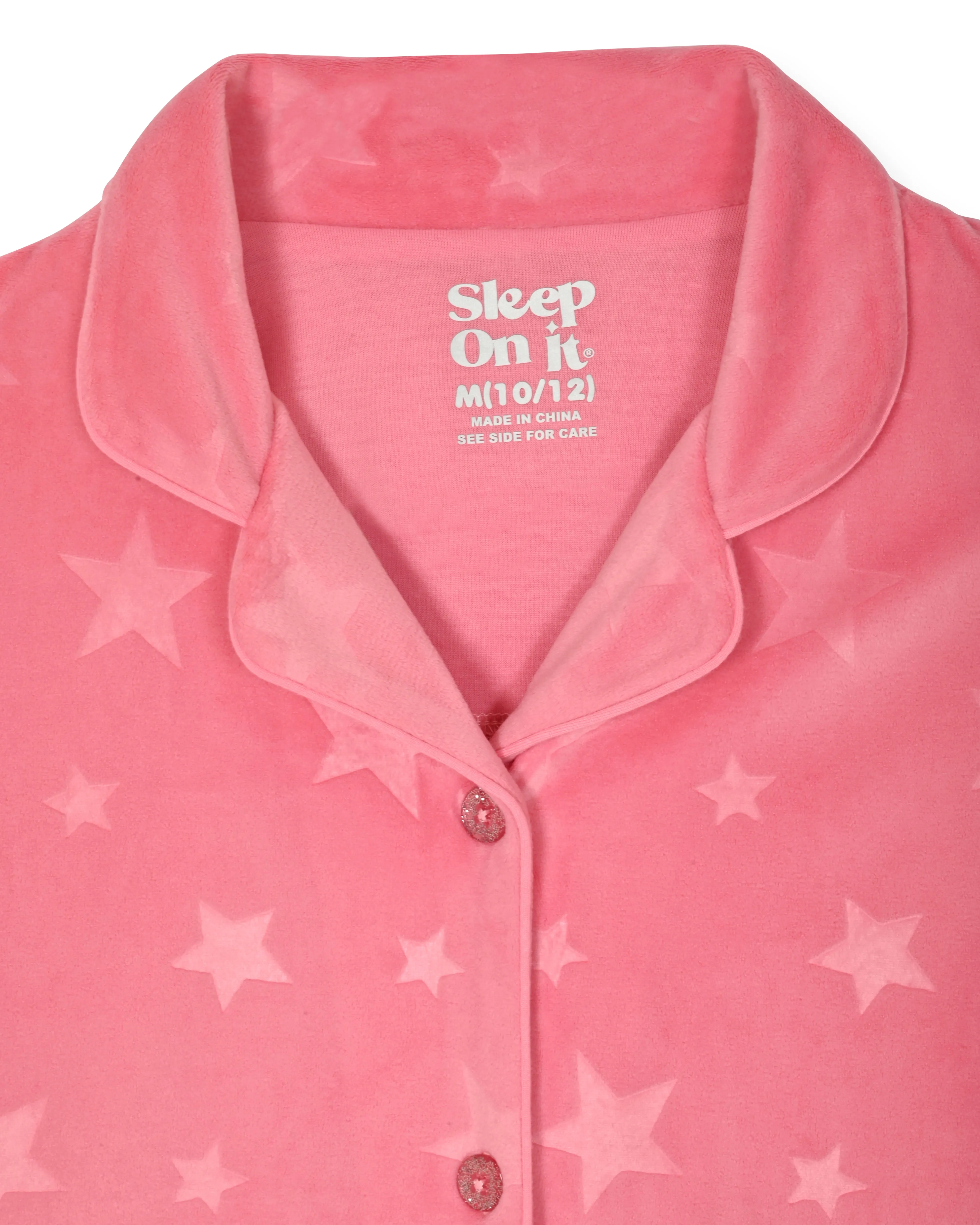 Sleep On It Girls 2-Piece Button-Front Coat Pajama Set with Scrunchie - Velour Stars