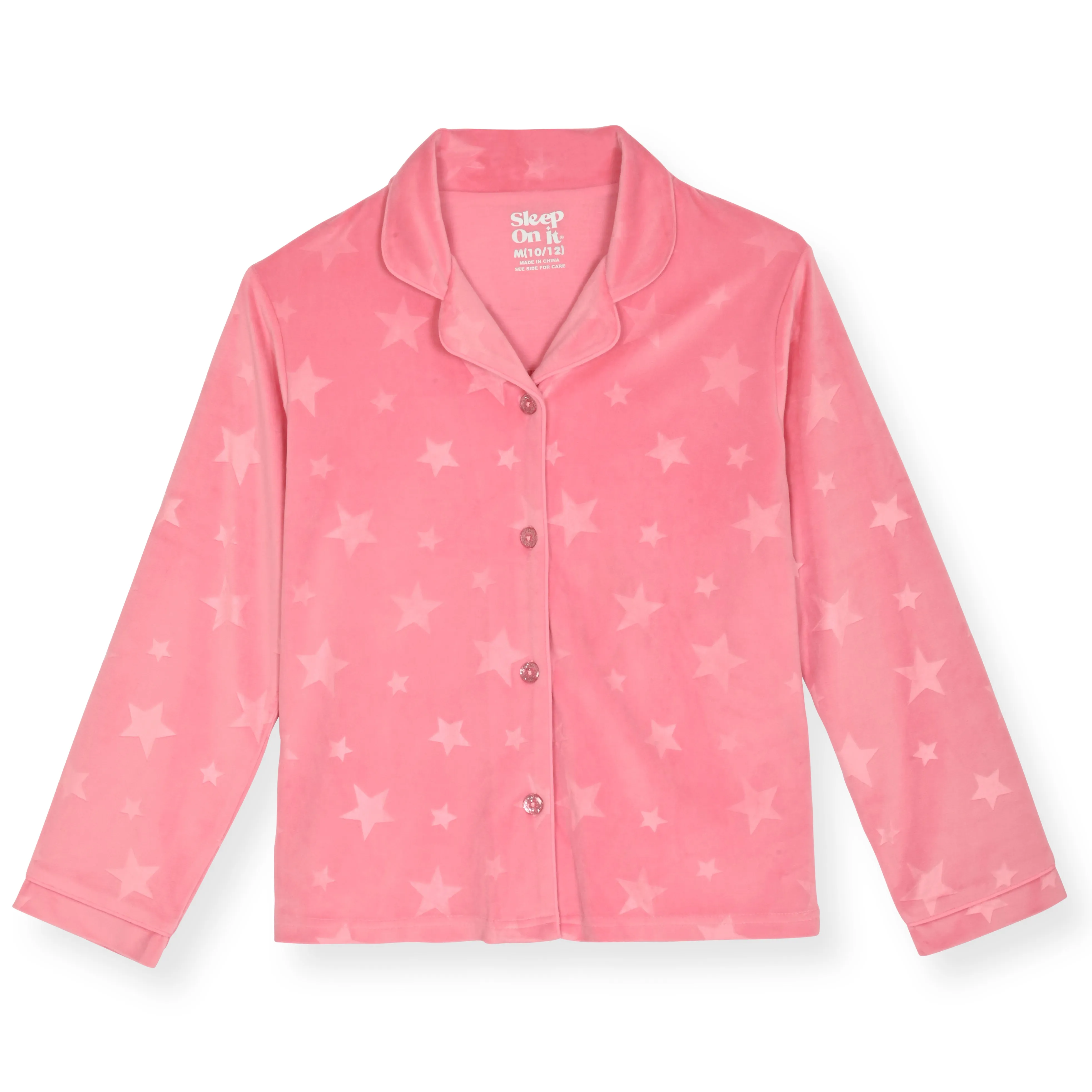 Sleep On It Girls 2-Piece Button-Front Coat Pajama Set with Scrunchie - Velour Stars