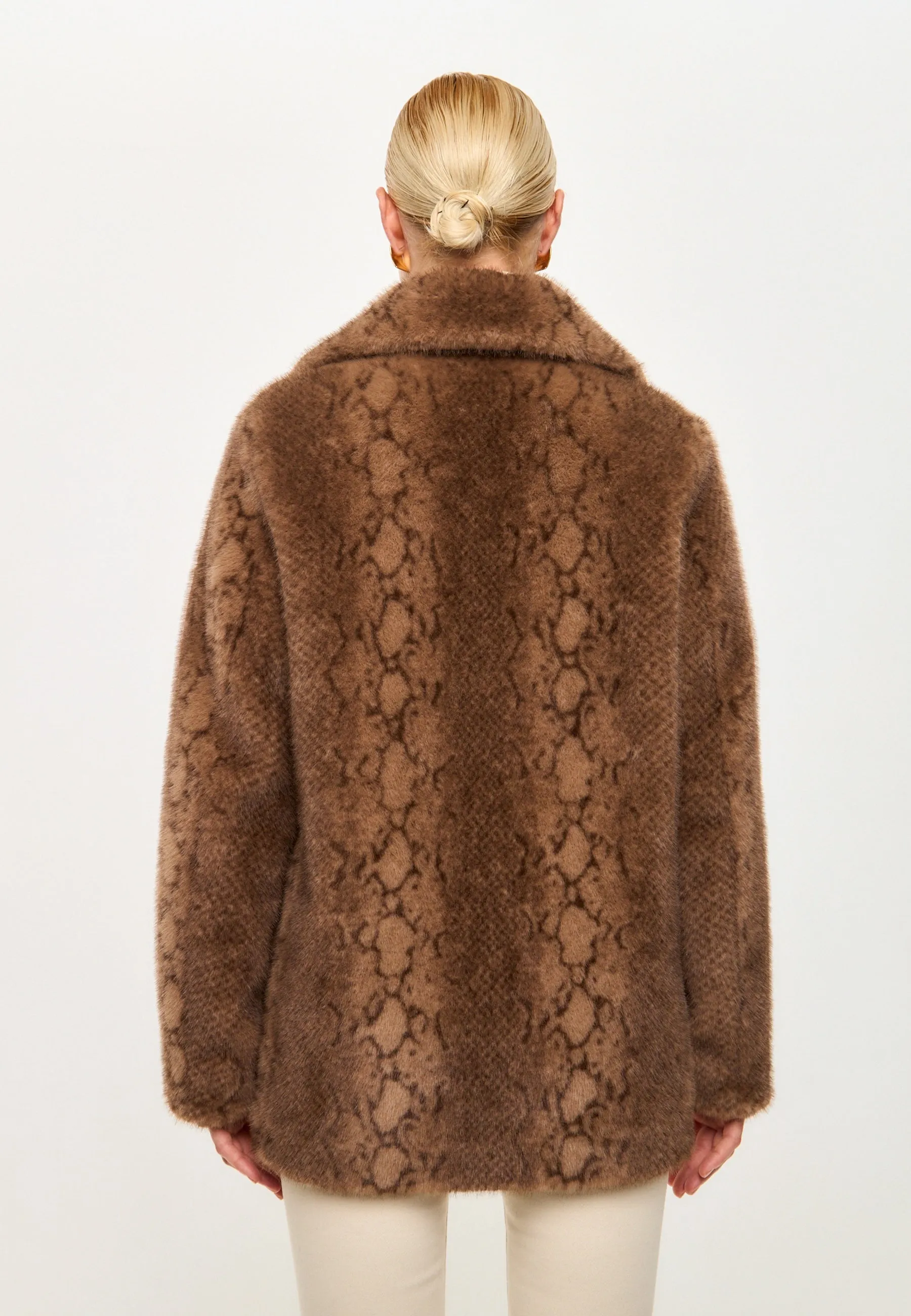 Stylish Brown Snake Print Faux Fur Coat Niuvis - Brown