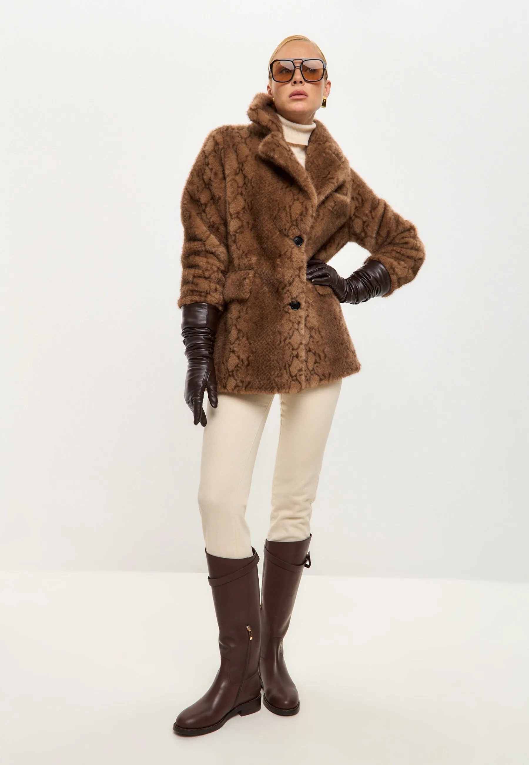 Stylish Brown Snake Print Faux Fur Coat Niuvis - Brown