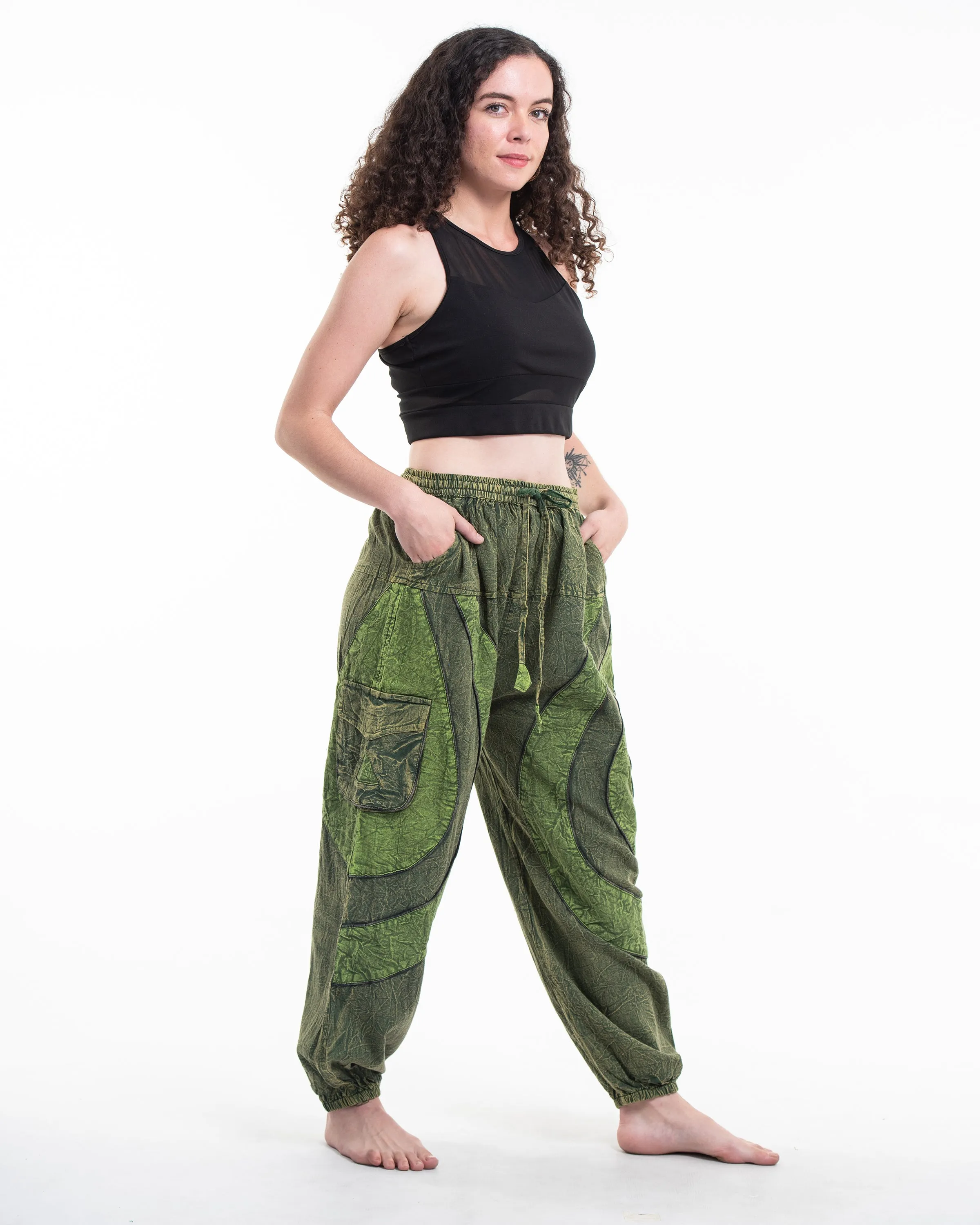 Unisex Patchwork Stone Washed Cargo Cotton Pants in Green 04