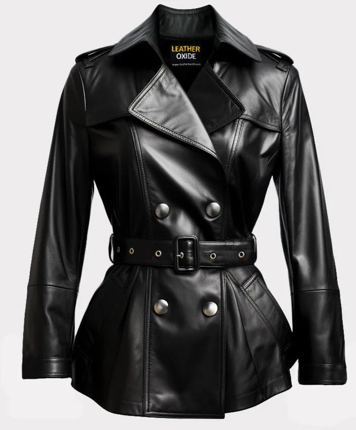 Women Black Leather Winter Coat Belted Style