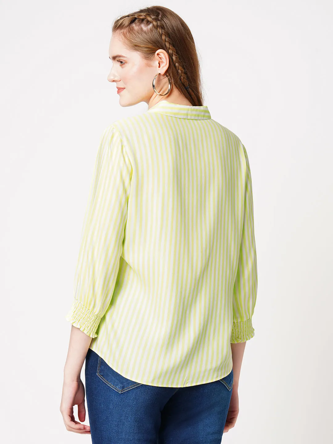 Women Lime & White Striped Slim Fit Shirts