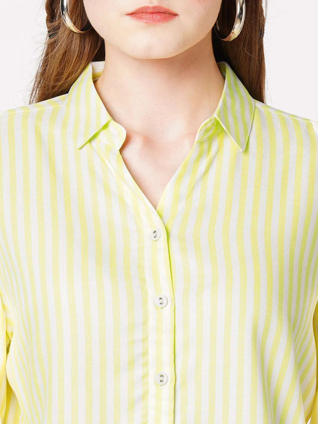 Women Lime & White Striped Slim Fit Shirts