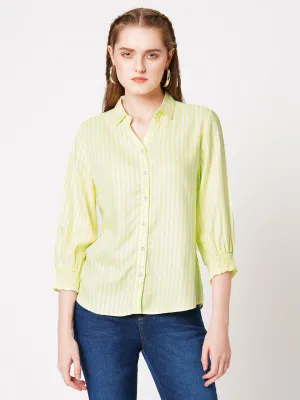 Women Lime & White Striped Slim Fit Shirts