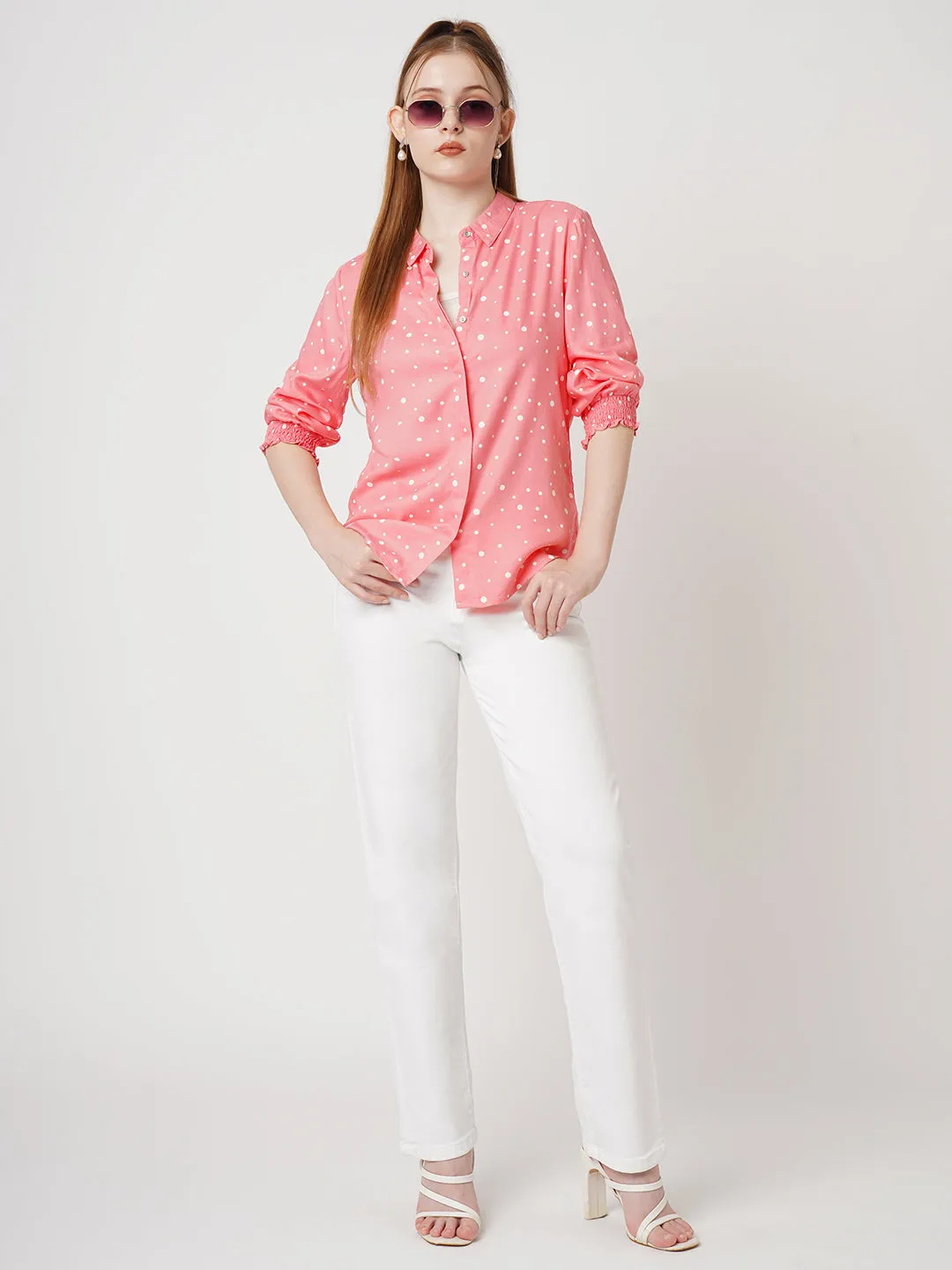 Women Slim Fit Blush Pink Printed Shirt