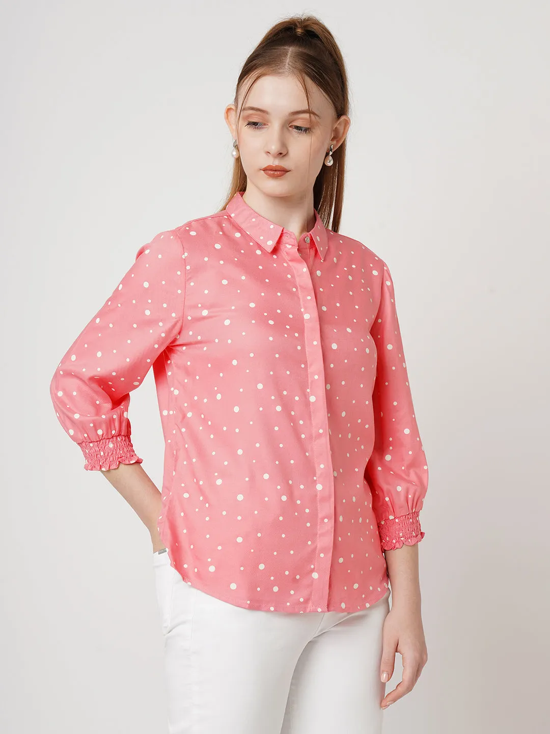 Women Slim Fit Blush Pink Printed Shirt