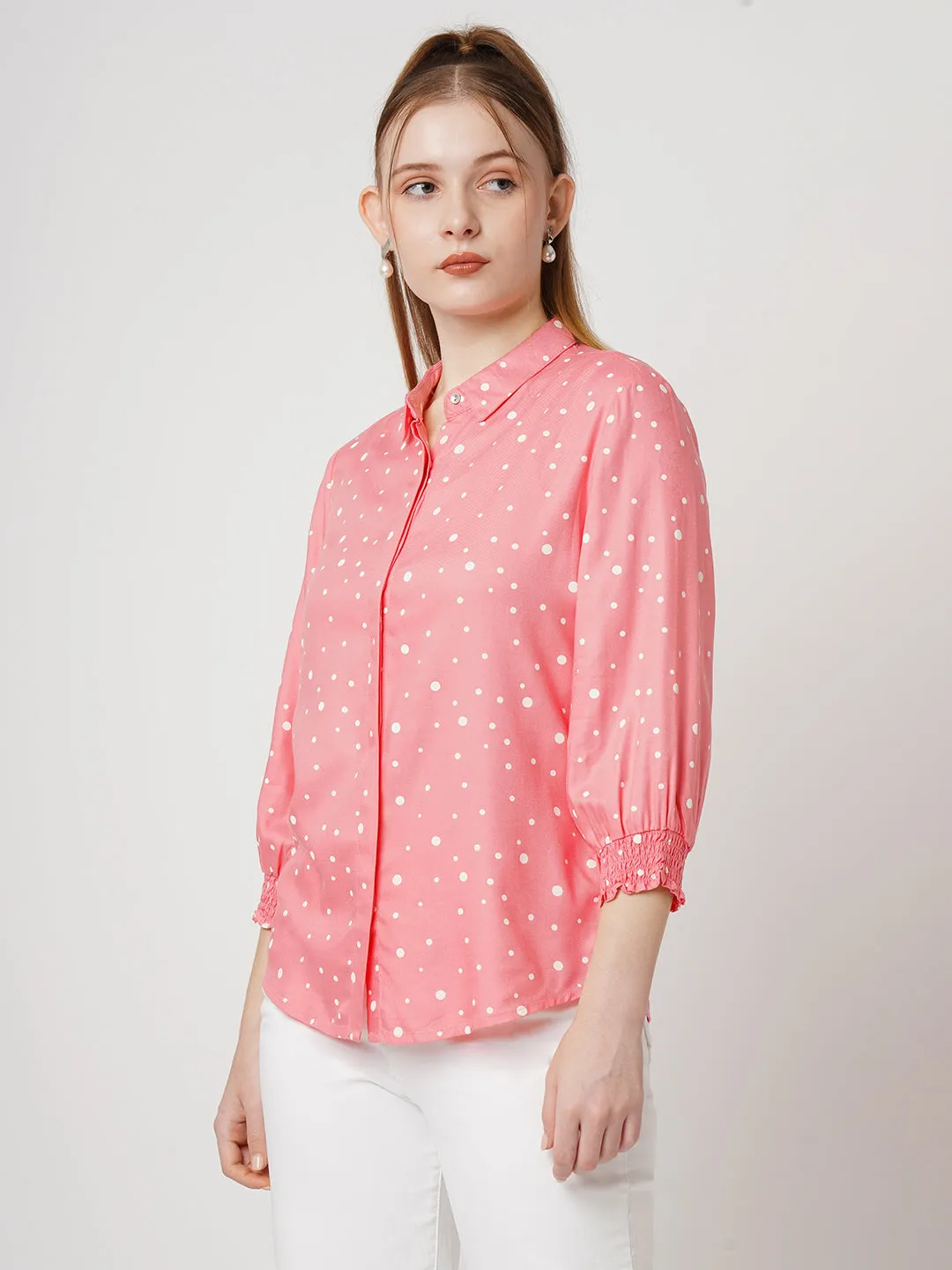 Women Slim Fit Blush Pink Printed Shirt