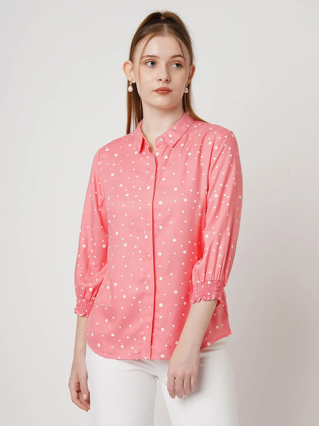 Women Slim Fit Blush Pink Printed Shirt