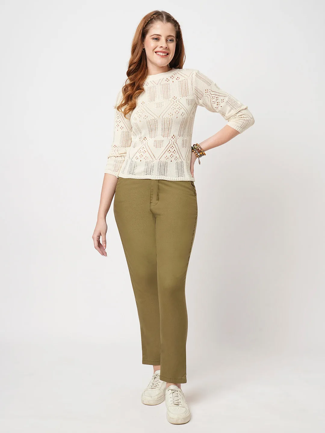 Women Slim Fit Ivory Crop T-Shirt