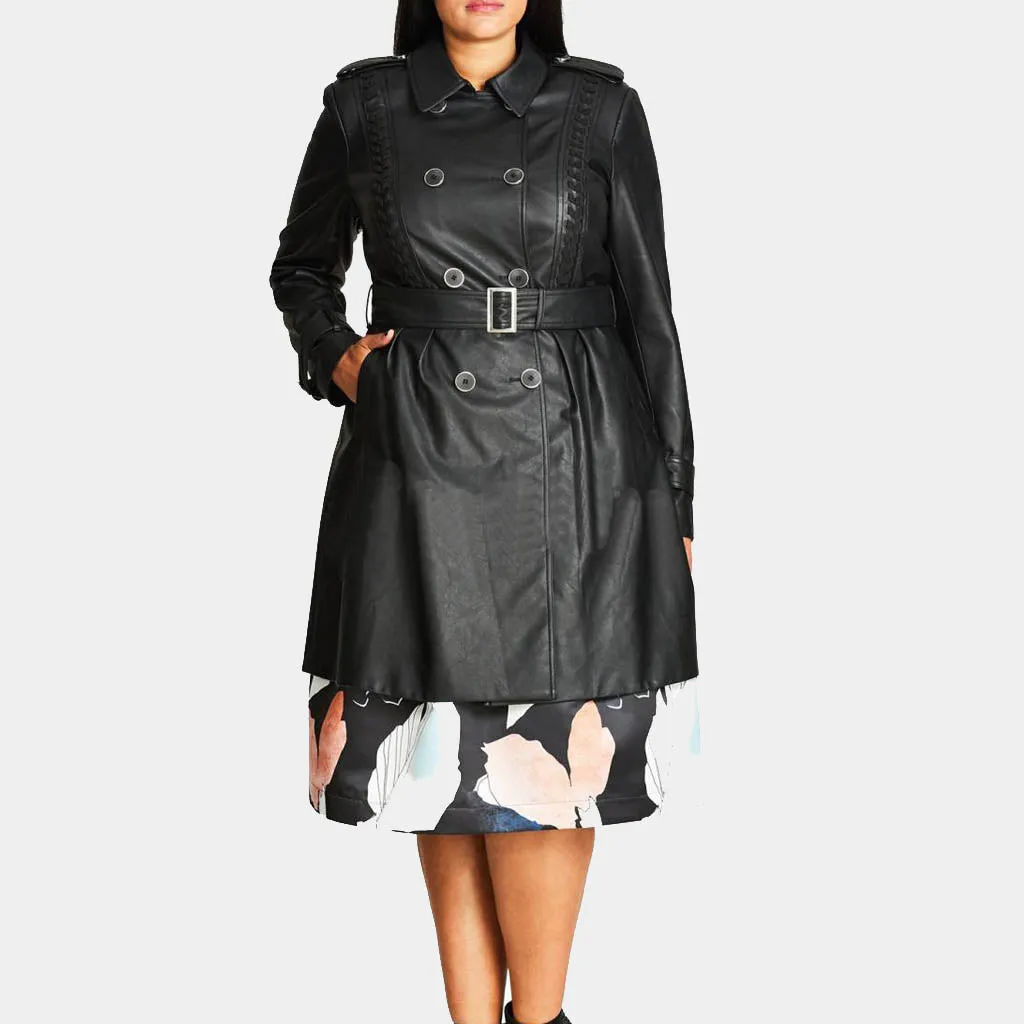 Women’s Classic Black Leather Trench Coat