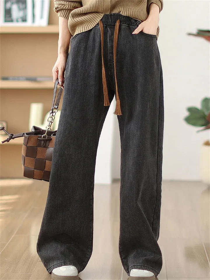 Women's Hot Plush Liner Trendy Black Grey Long Jeans